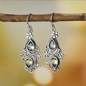 Floral filagree boho sliver tone earrings w/ blue & yellow teardrop rhinestones